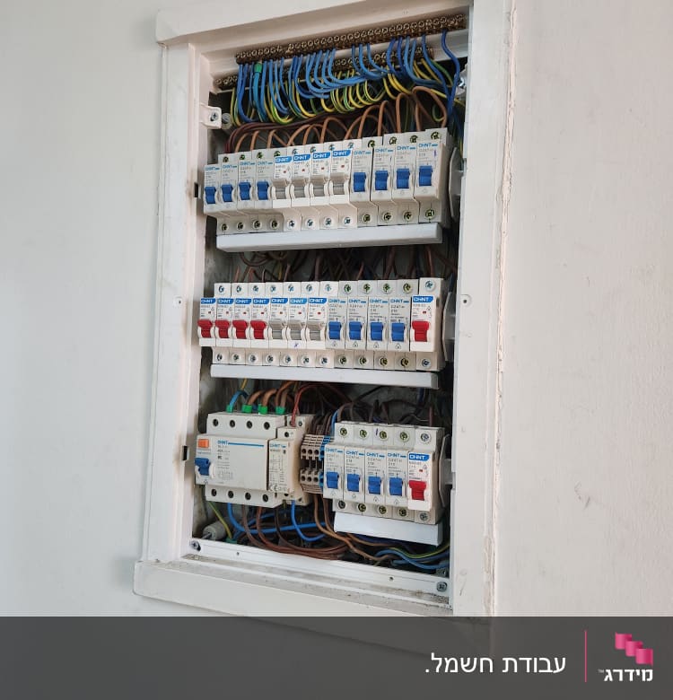 לוח חשמל עם מפסקים וחוטים צבעוניים